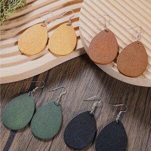 Elegant Wooden Teardrop Earrings Set - Gold, Brown, Green, Black